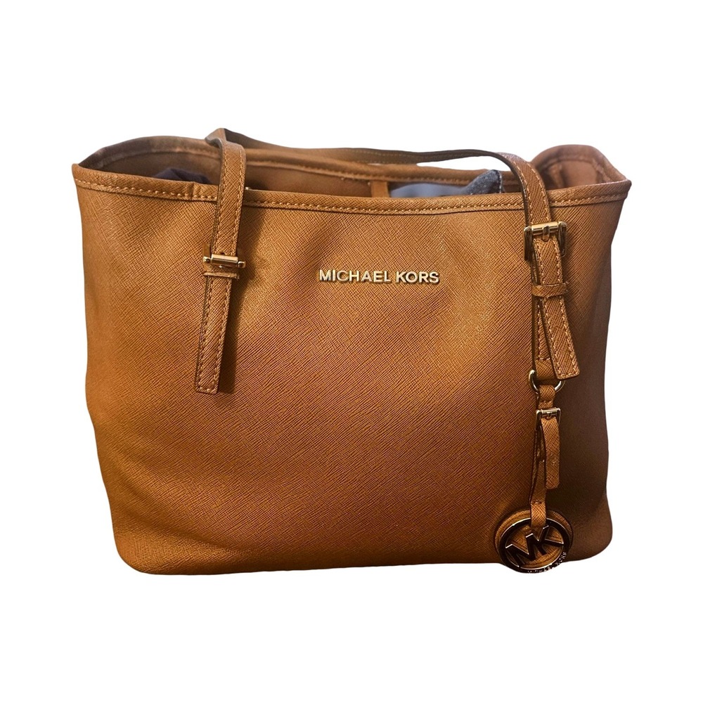 Michael Kors Voyager Tan Saffiano Leather Tote Bag Gold Hardware MK Logo Charm